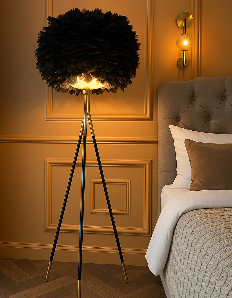 Luxurious Black Feather Tripod Floor Lamp - Modern Glamour & Ambient Lighting