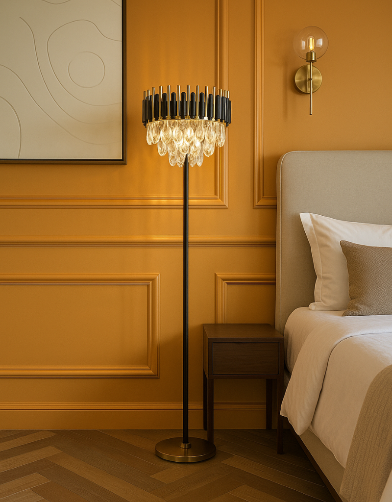 Opulent Black & Gold Crystal Chandelier Floor Lamp - Grandeur & Dazzling Light