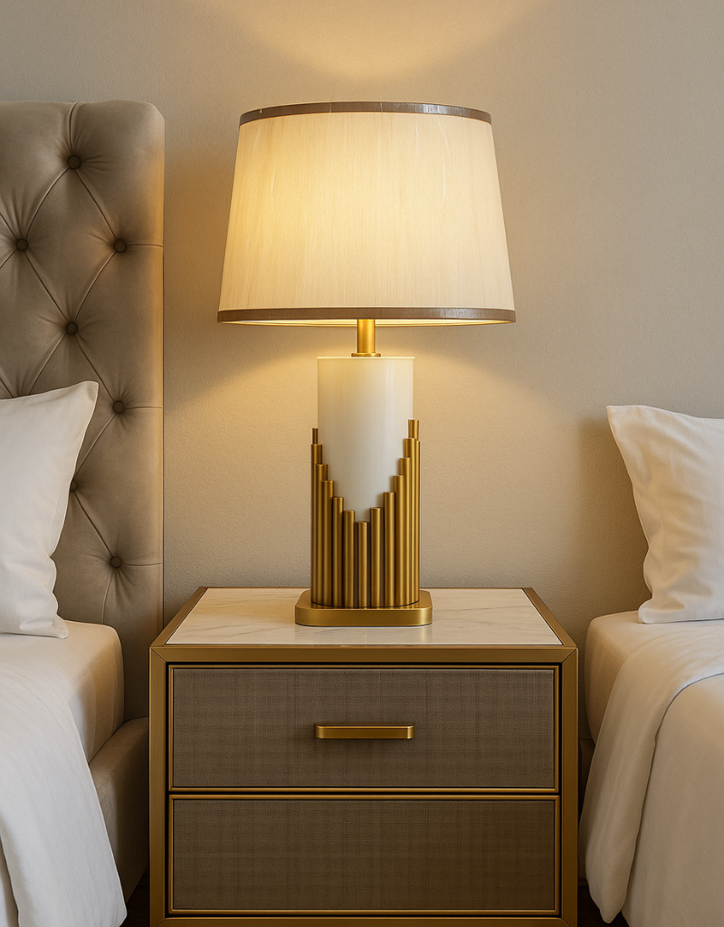 Modern Faceted Column Table Lamp - Sculptural Clear Base & Ambient White Shade