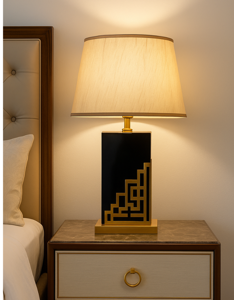 Modern Geometric Cage Table Lamp - Gold/Brass Finish & Soft Fabric Shade