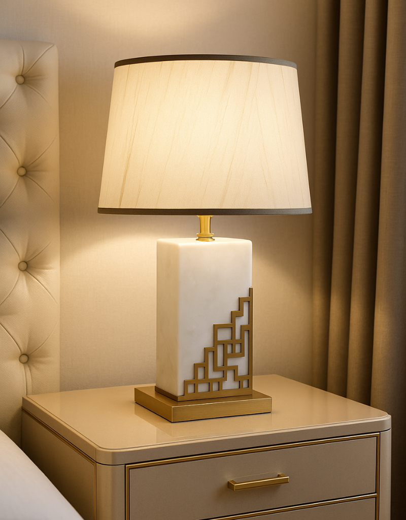 Modern Geometric Cage Table Lamp - Gold/Brass Finish & Soft Fabric Shade