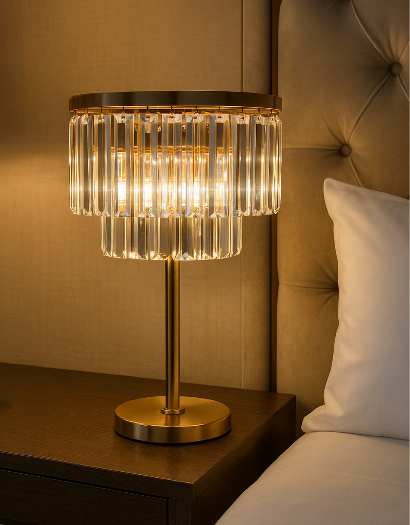 Modern Geometric Table Lamp - Textured White/Silver Base & Ambient Fabric Shade