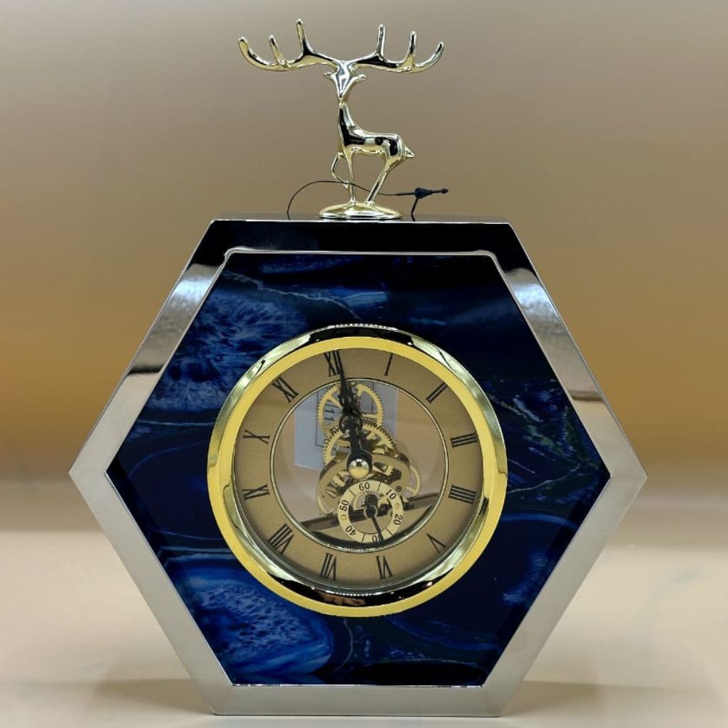Majestic Hexagonal Deer Decor Table Clock - Modern Blue Marble & Silver Skeleton Timepiece