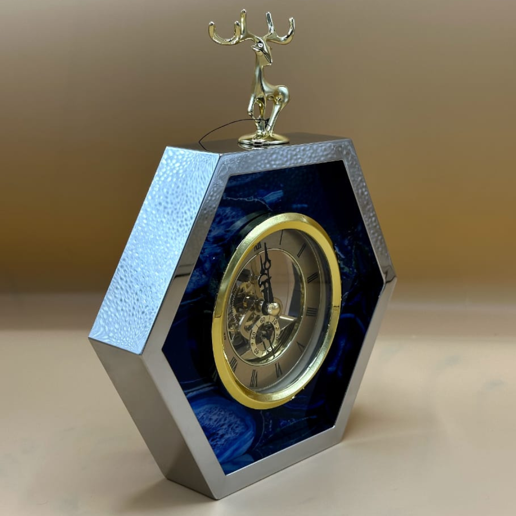 Majestic Hexagonal Deer Decor Table Clock - Modern Blue Marble & Silver Skeleton Timepiece