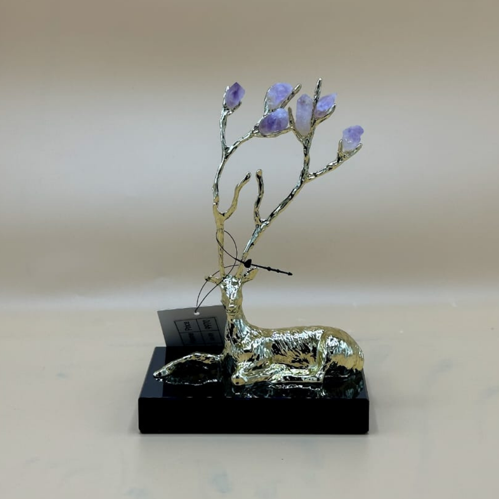 Majestic Golden Deer Sculpture with Amethyst Crystal Antlers - Elegant Tabletop Decor