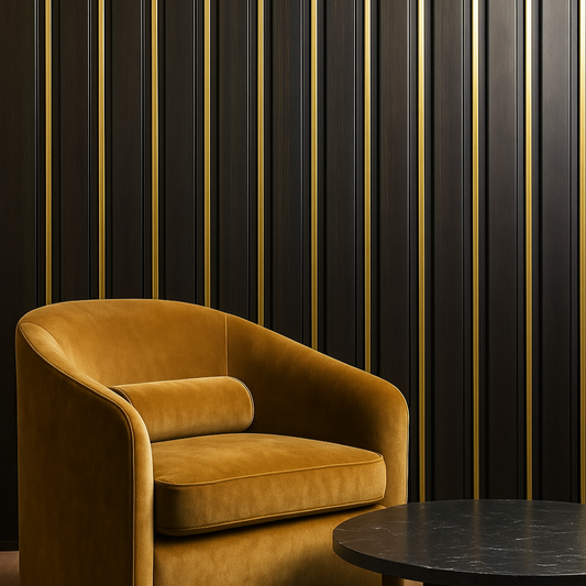 Luxe Dark Wood & Gold Slatted Wall Panel | Modern Accent Wall Cladding