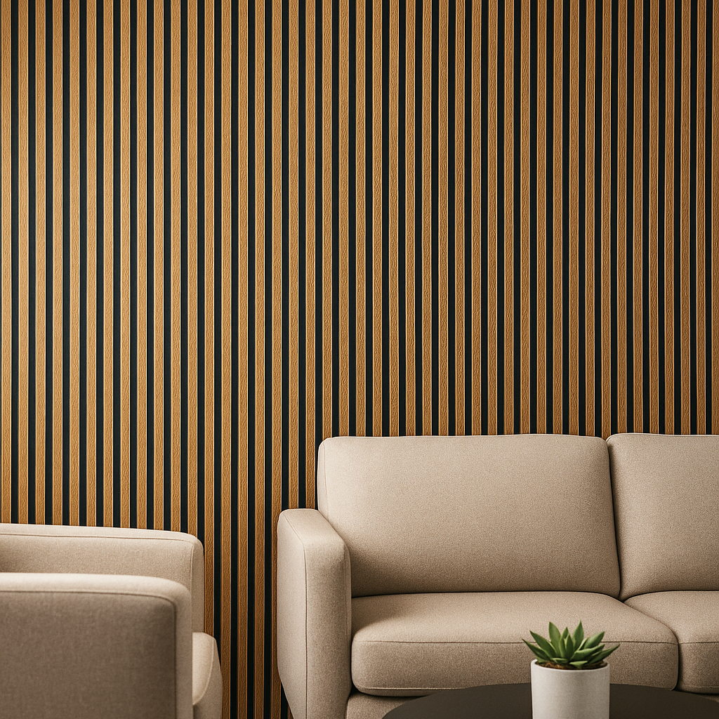 Natural Wood Slatted Wall Panel with Black Accents | Modern Acoustic Design