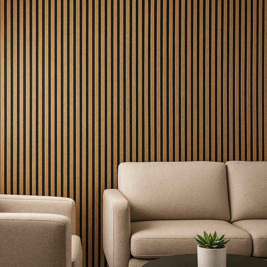 Natural Wood Slatted Wall Panel with Black Accents | Modern Acoustic Design