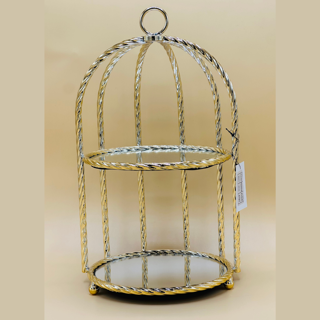Elegant Gold Metal Birdcage Decorative Display Stand with Mirrored Bases