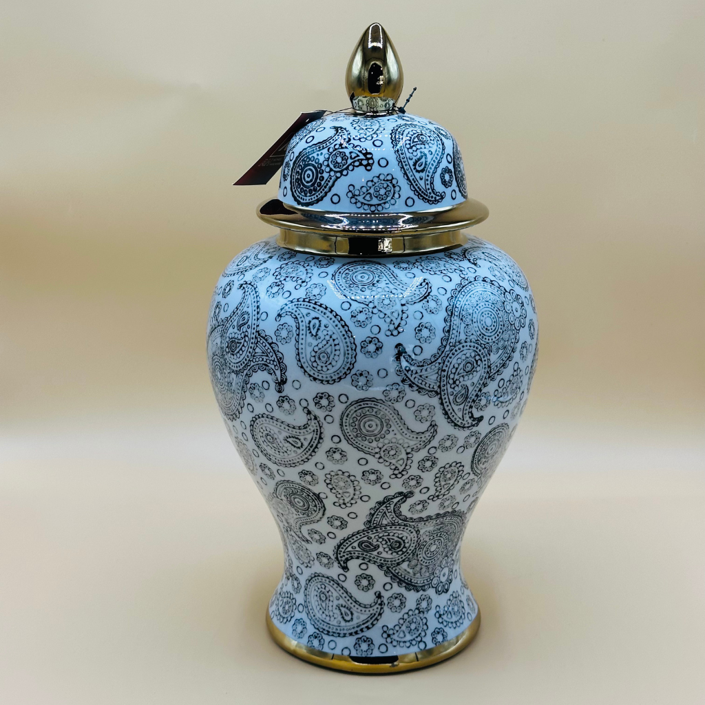 Elegant Teal & Gold Marbled Ceramic Ginger Jar with Lid - Decorative Urn