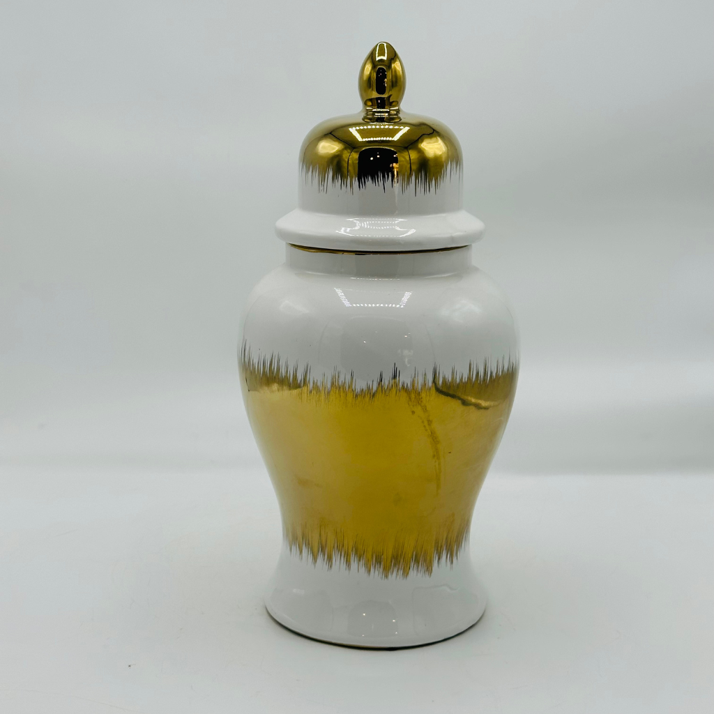Elegant White & Gold Brushstroke Ceramic Ginger Jar with Lid - Decorative Urn