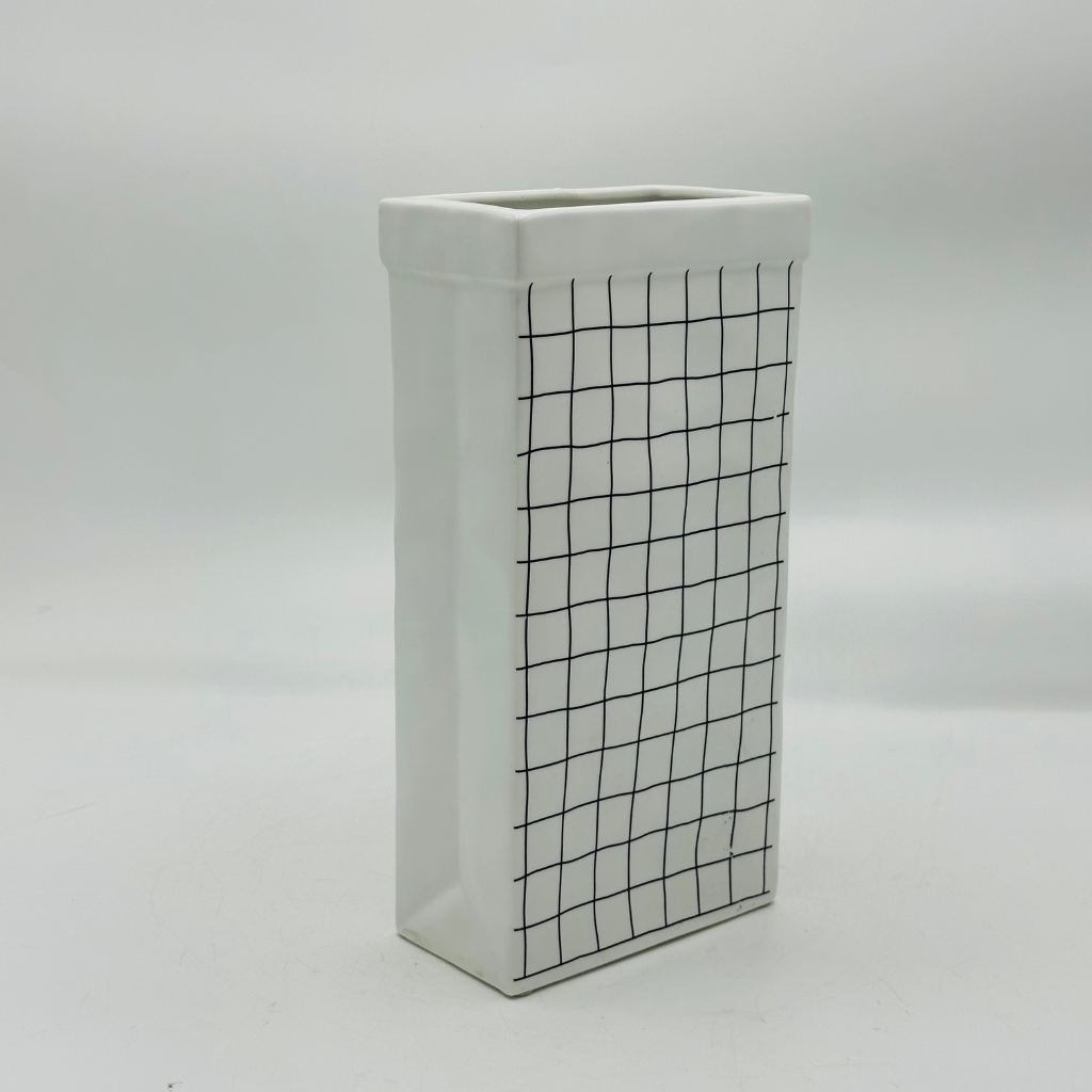 Modern White Ceramic Rectangular Vase with Black Grid Pattern - Minimalist Decor