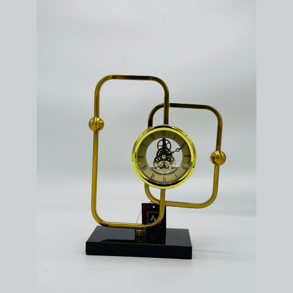 Modern Abstract Gold Frame Table Clock with Exposed Gears on Black Base - Sculptural Desk Clock