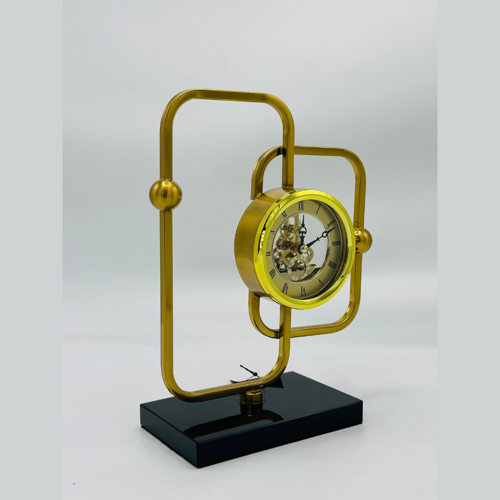 Modern Abstract Gold Frame Table Clock with Exposed Gears on Black Base - Sculptural Desk Clock