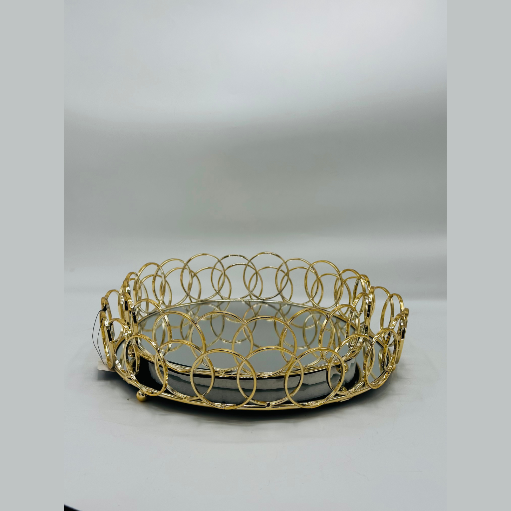 Elegant Gold Circular Metal Two Trays with Mirrored Base - Decorative Centerpiece Dish