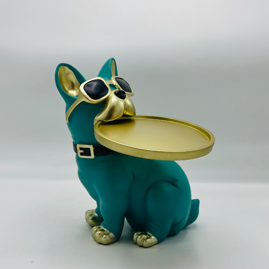 Cool Bulldog Butler Sculpture with Gold Tray - Fun Decorative Organizer