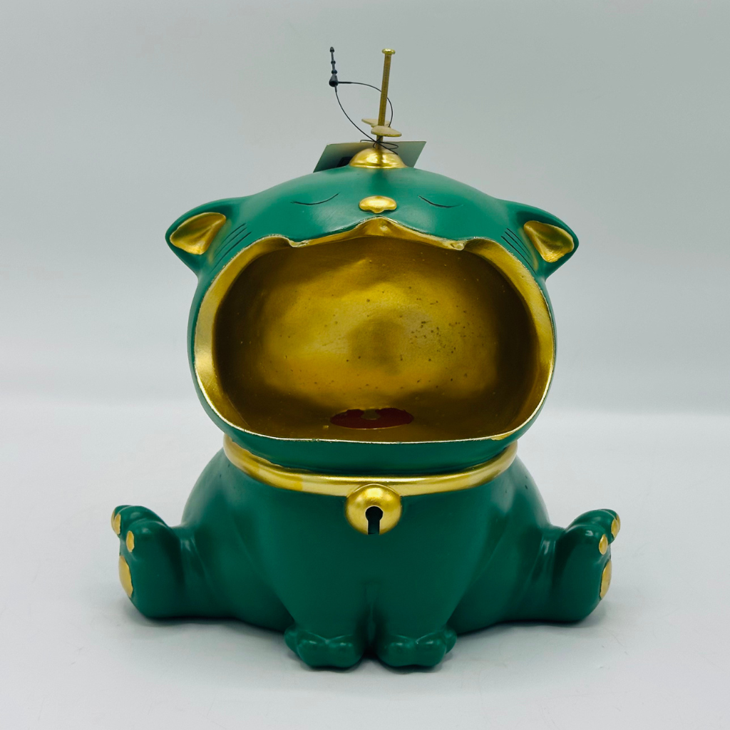 Whimsical Green Cat Storage Box with Gold Interior - Decorative Organizer Figurine