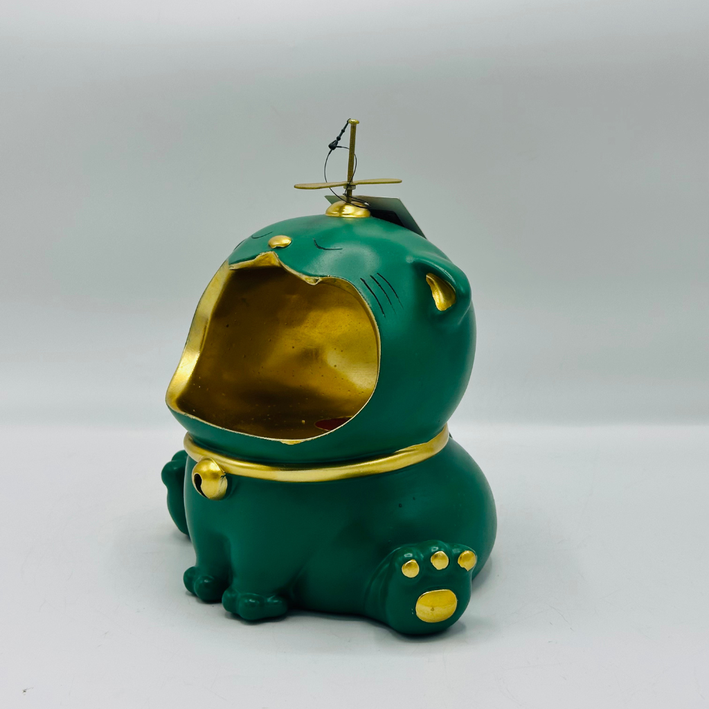 Whimsical Green Cat Storage Box with Gold Interior - Decorative Organizer Figurine