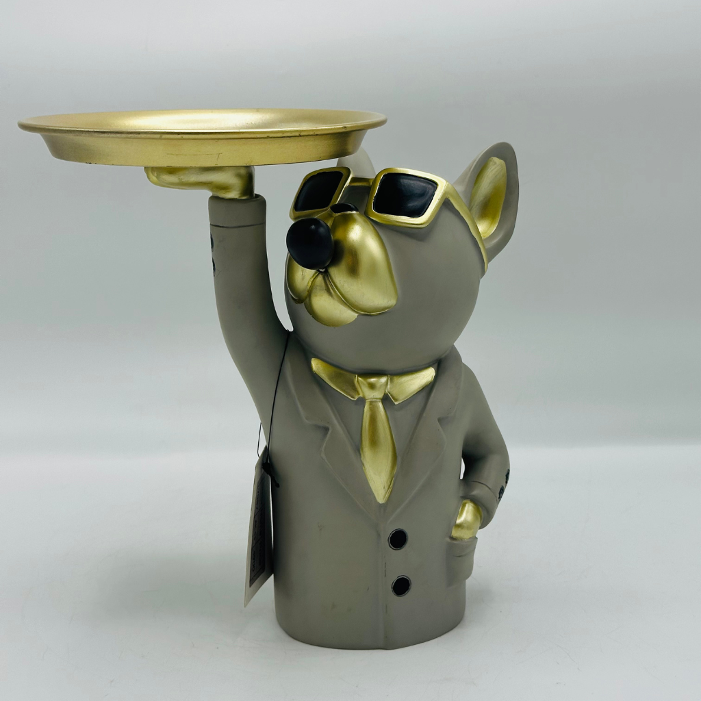 Sophisticated Dog Butler Sculpture with Gold Tray - Elegant Decorative Organizer