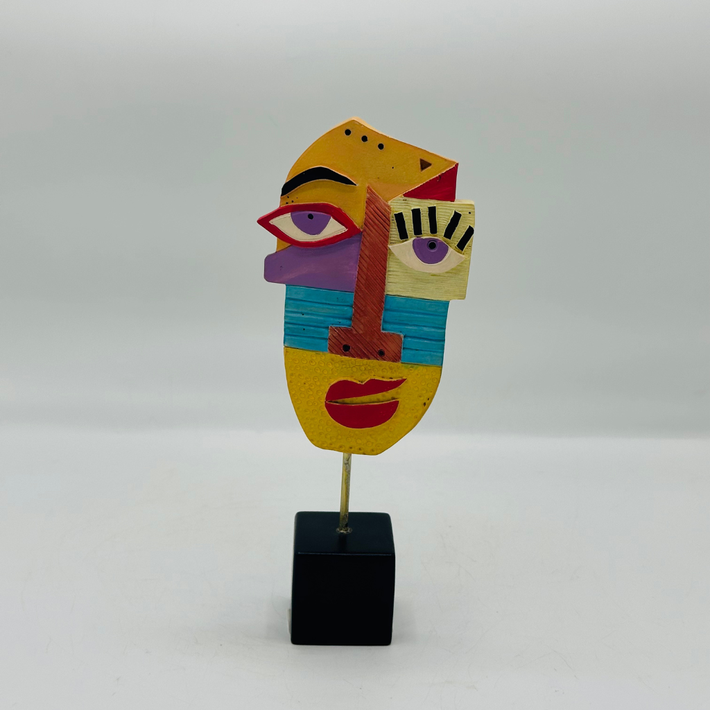 Colorful Abstract Face Sculpture on Black Base - Modern Art Decorative Figurine