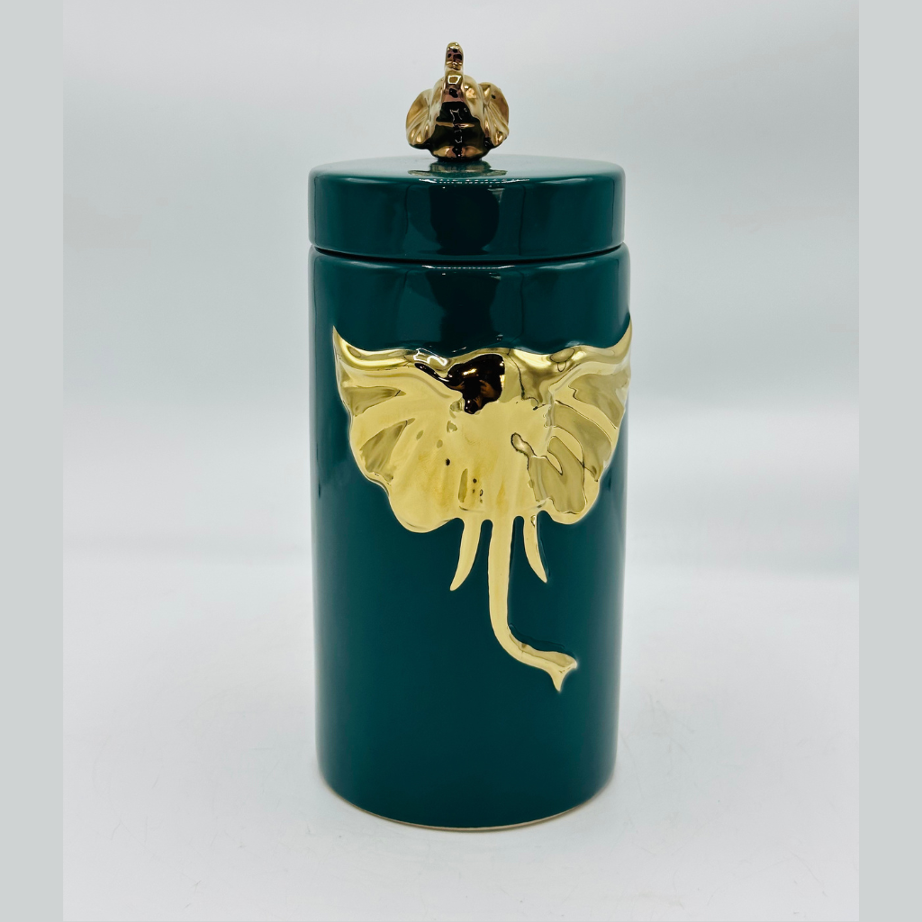 Elegant Ceramic Jar with Golden Elephant Detail & Lid