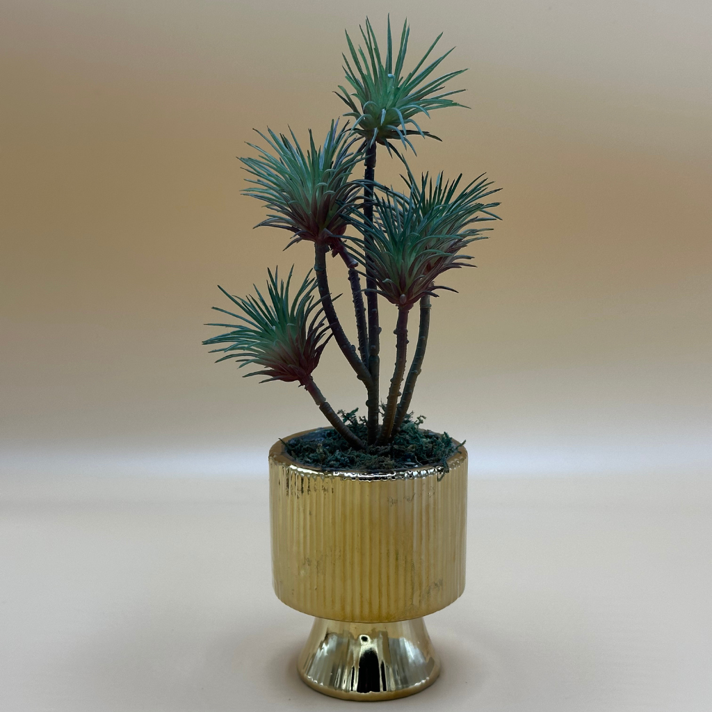 Modern Spiky Artificial Plant in Gold Ribbed Pedestal Planter