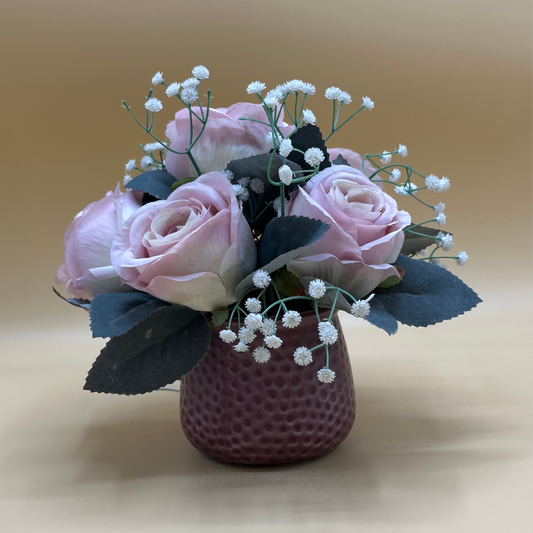 Elegant Faux Pink Rose & Baby's Breath Arrangement in Textured Plum Pot