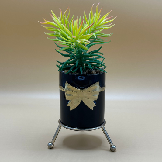 Elegant Faux Succulent in Blue & Gold Bow Pot with Metal Stand