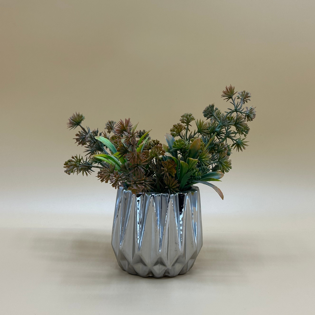 Modern Faux Succulent Arrangement in Faceted Silver Pot