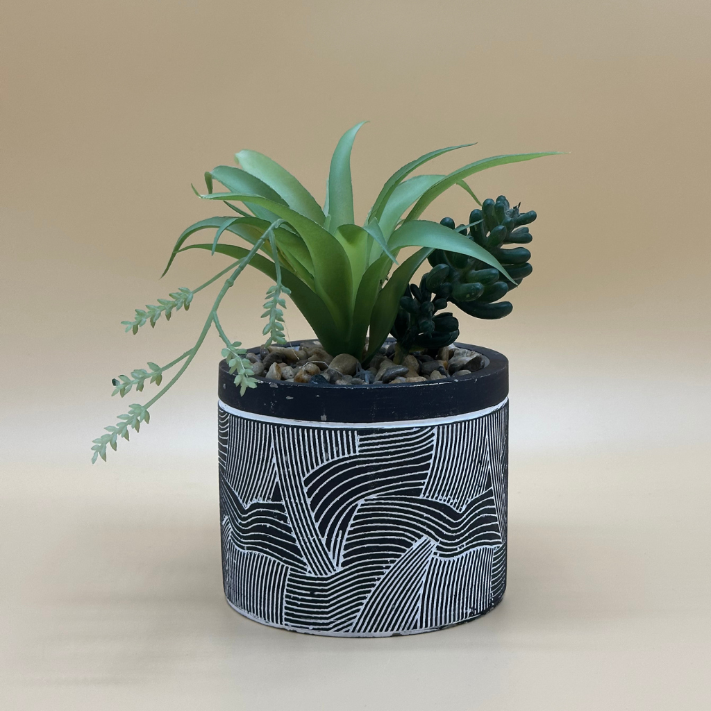 Modern Abstract Faux Succulent Trio in Black & White Textured Pot