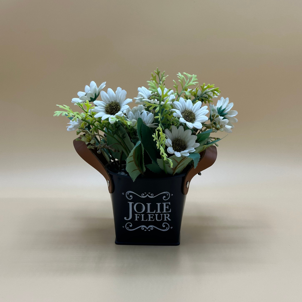 Charming Faux White Daisies in "Jolie Fleur" Black Bucket with Leather Handle