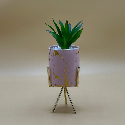 Modern Pink & Gold Marble-Patterned Planter with Stand