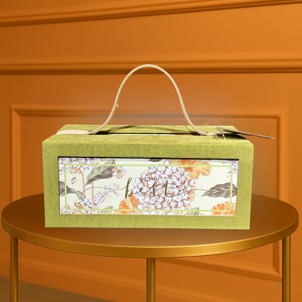 Luxury Velvet Green Gift Box with Floral Window & Top Handle
