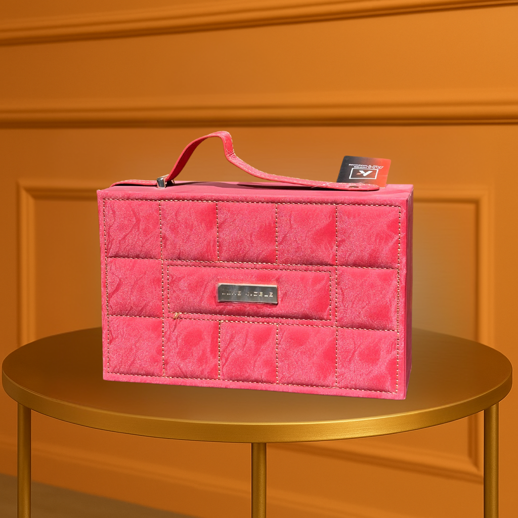 Luxury Quilted-Look Gift Box with Top Handle & Metallic Logo Plaque - Radiant Pink/Red