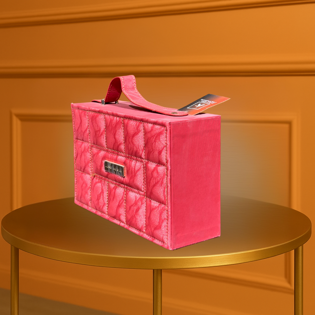 Luxury Quilted-Look Gift Box with Top Handle & Metallic Logo Plaque - Radiant Pink/Red