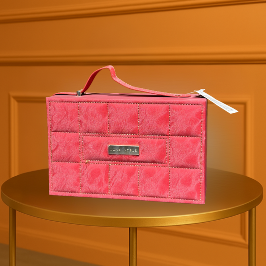 Luxury Quilted-Look Gift Box with Top Handle & Metallic Logo Plaque - Radiant Pink/Red