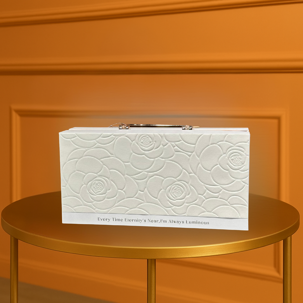 Elegant White Embossed Rose Gift Box with Silver Handle & Heartfelt Message