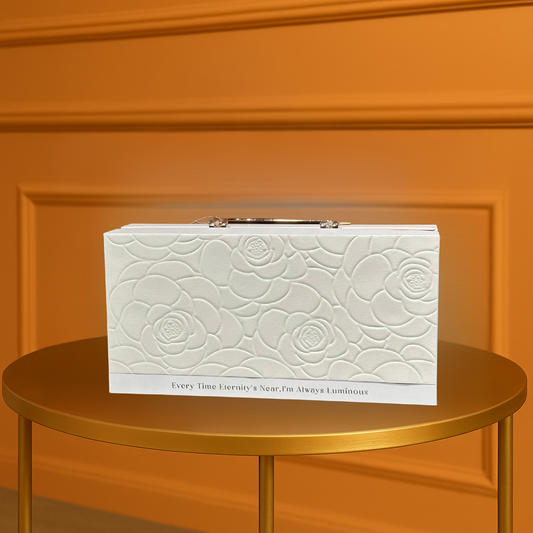 Elegant White Embossed Rose Gift Box with Silver Handle & Heartfelt Message
