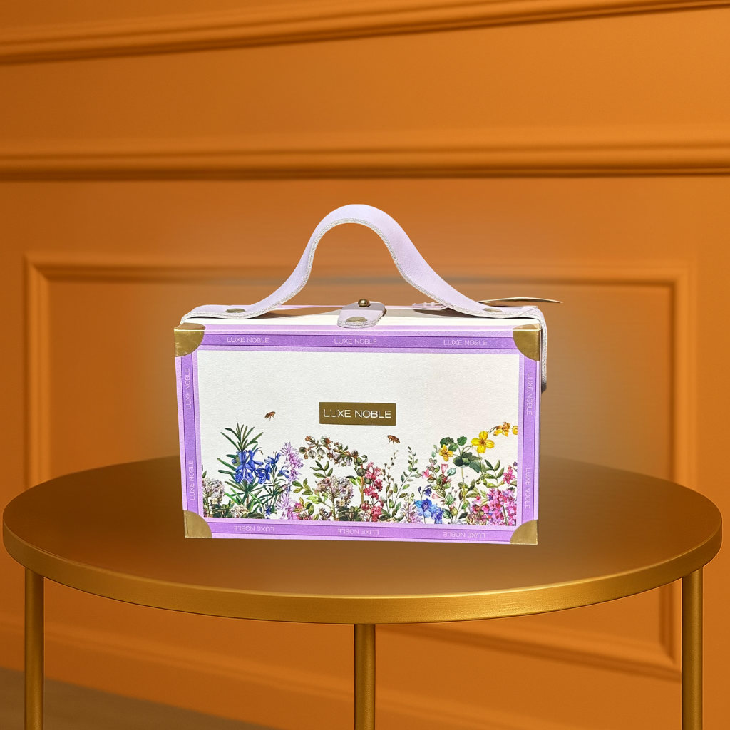 Luxe Noble Floral Keepsake Gift Box with Elegant Handle & Gold Accents