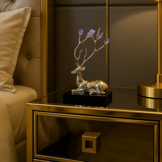 Majestic Golden Deer Sculpture with Amethyst Crystal Antlers - Elegant Tabletop Decor