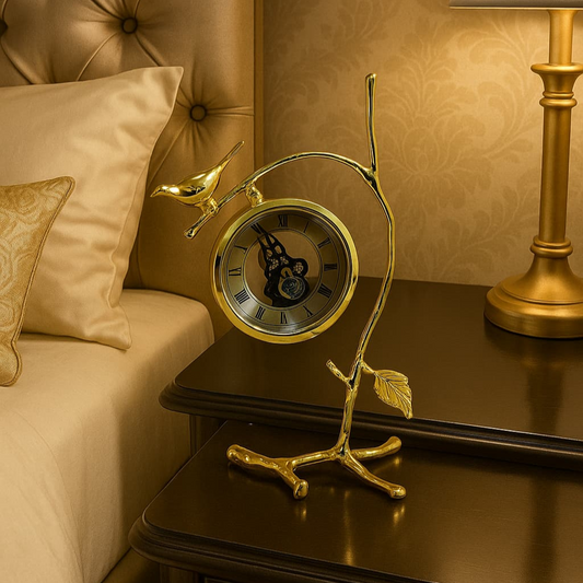 Exquisite Golden Bird & Branch Skeleton Table Clock - Opulent Vintage Desk & Shelf Decor