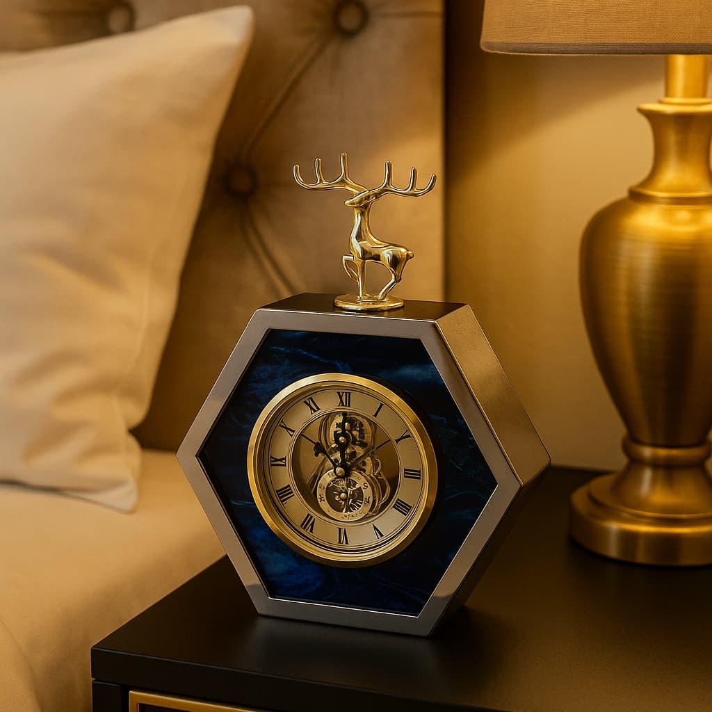 Majestic Hexagonal Deer Decor Table Clock - Modern Blue Marble & Silver Skeleton Timepiece