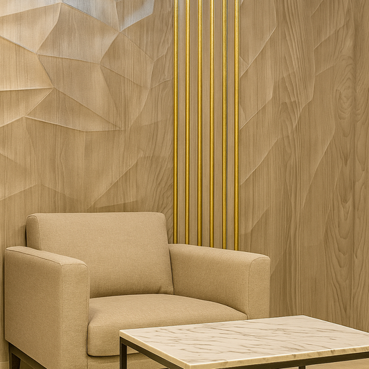 Artistic Geometric Wood Wall Panel with Golden Vertical Accents