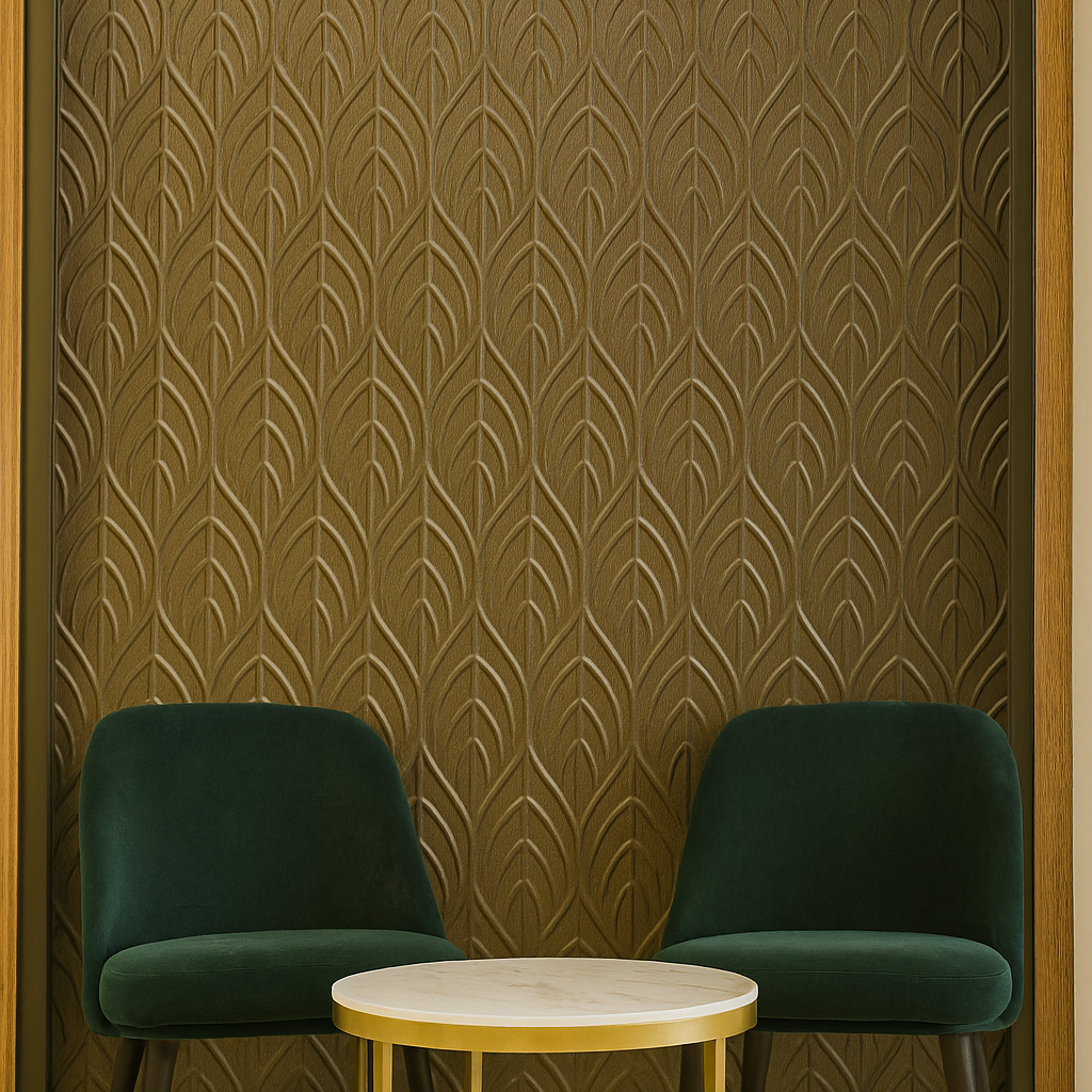 Luxurious Embossed Leaf Pattern Wall Panel | Golden Olive Art Deco Design