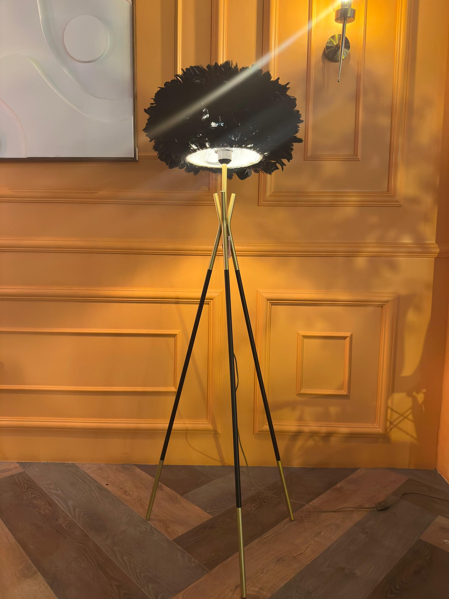 Luxurious Black Feather Tripod Floor Lamp - Modern Glamour & Ambient Lighting