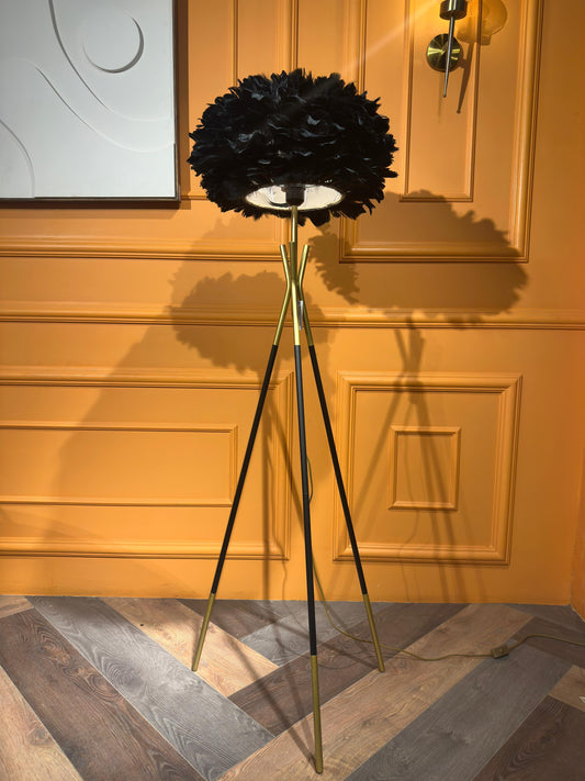 Luxurious Black Feather Tripod Floor Lamp - Modern Glamour & Ambient Lighting