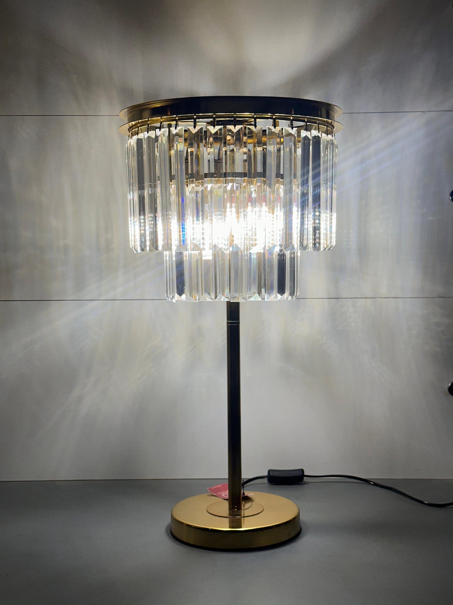 Modern Geometric Table Lamp - Textured White/Silver Base & Ambient Fabric Shade