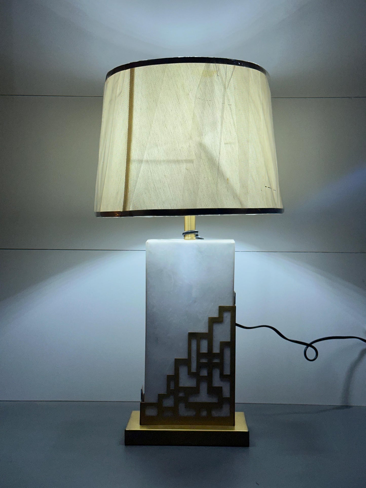 Modern Geometric Cage Table Lamp - Gold/Brass Finish & Soft Fabric Shade