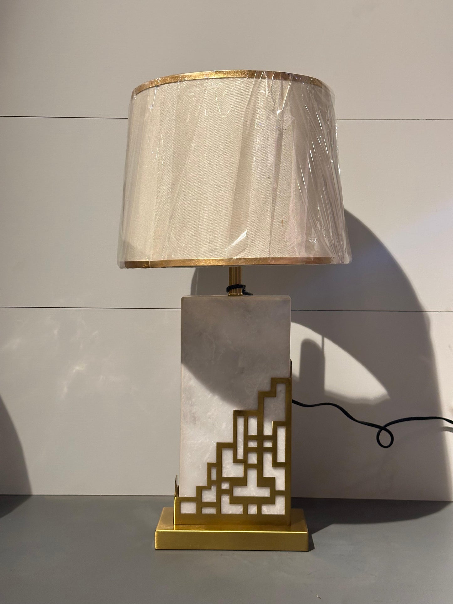 Modern Geometric Cage Table Lamp - Gold/Brass Finish & Soft Fabric Shade