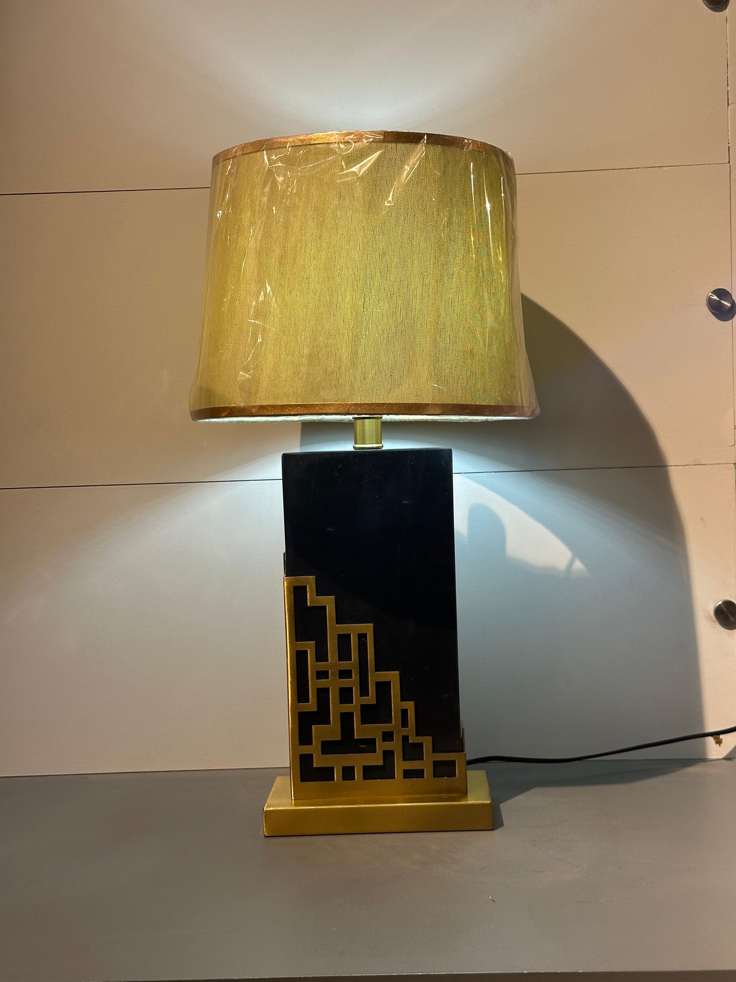 Modern Geometric Cage Table Lamp - Gold/Brass Finish & Soft Fabric Shade